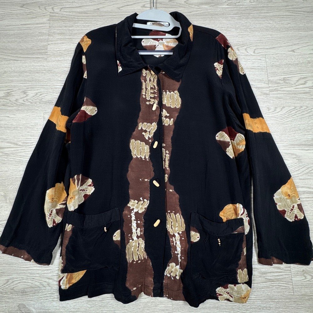 Nino Wong California Women Jacket Shirt Abstract Batik‎ Print Black Brown